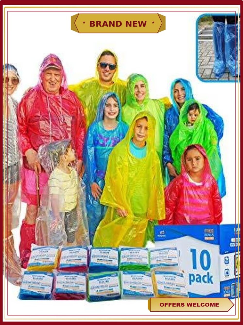 Disposable Waterproof Plastic Rain Poncho, Adult Unisex